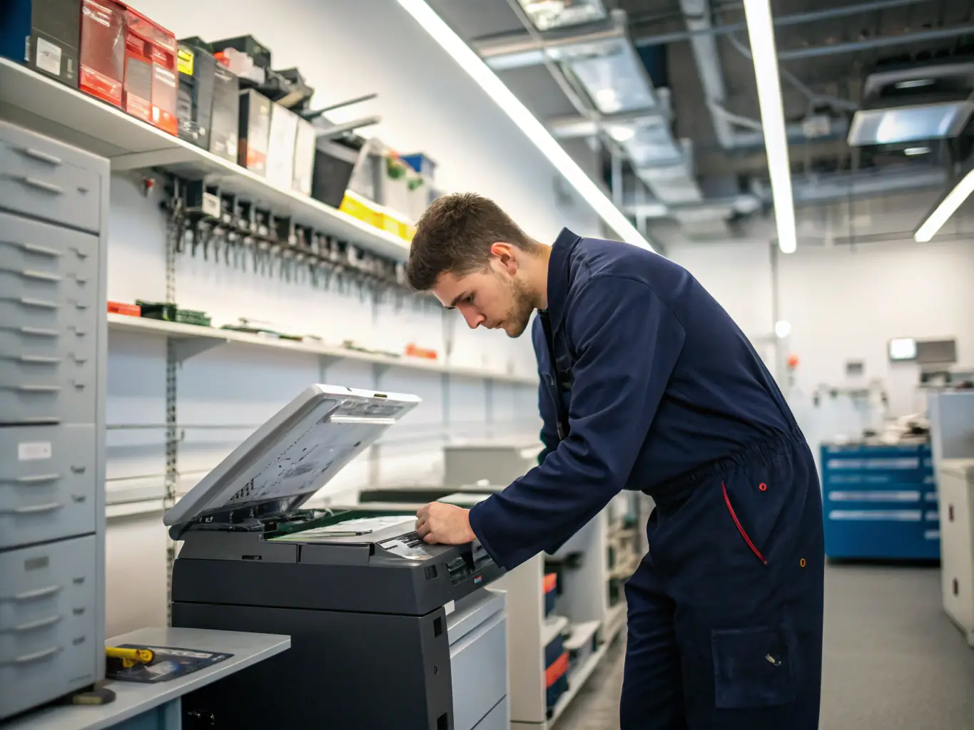 An image depicting a Master Print Zone technician servicing a printer, showcasing their expertise and attention to detail.