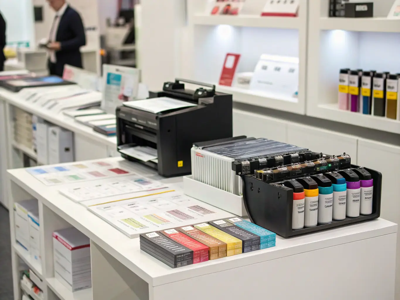 An image showcasing a variety of printers, ink cartridges, and paper stacks neatly arranged on a display shelf, representing Master Print Zone's diverse product offerings.