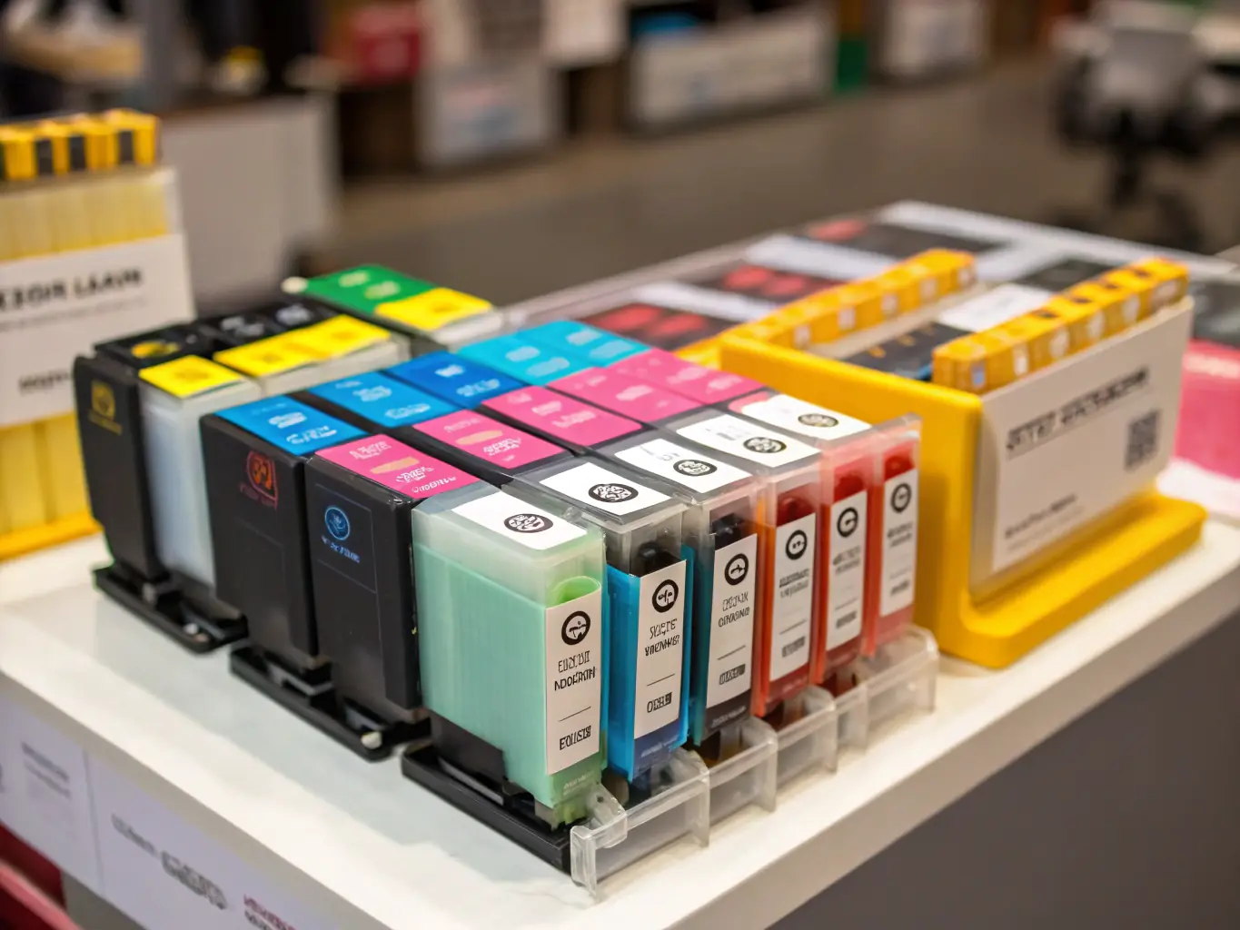 An image displaying various ink and toner cartridges of different colors and sizes, neatly organized to represent Master Print Zone's extensive ink and toner selection.